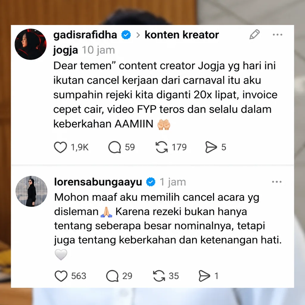 Dear temen-temen content creator Jogja yg hari ini ikutan cancel kerjaan dari carnaval itu aku sumpahin rejeki kita diganti 20x lipat, invoice cepet cair, video FYP terus dan selalu dalam keberkahan AAMIIN. Mohon maaf ak Dear temen-temen content creator Jogja yg hari ini ikutan cancel kerjaan dari carnaval itu aku sumpahin rejeki kita diganti 20x lipat, invoice cepet cair, video FYP terus dan selalu dalam keberkahan AAMIIN. Mohon maaf ak