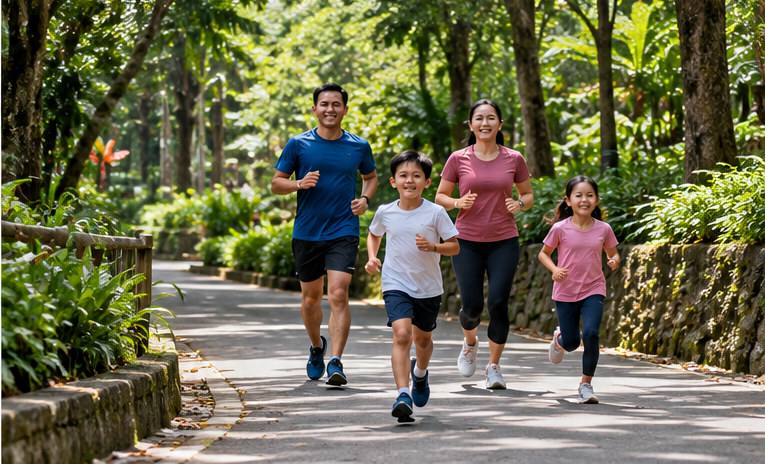 Ilustrasi AI ayah ibu dan dua anak berlari bersama di jalan setapak taman yang rindang untuk kegiatan GembiRun Loka 2026