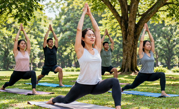 Ilustrasi AI sekelompok orang melakukan yoga bersama di taman hijau untuk pembahasan Jogja Cultural Wellness Festival 2026