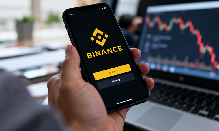 Ilustrasi tangan memegang ponsel dengan aplikasi Binance berlatar layar grafik perdagangan kripto