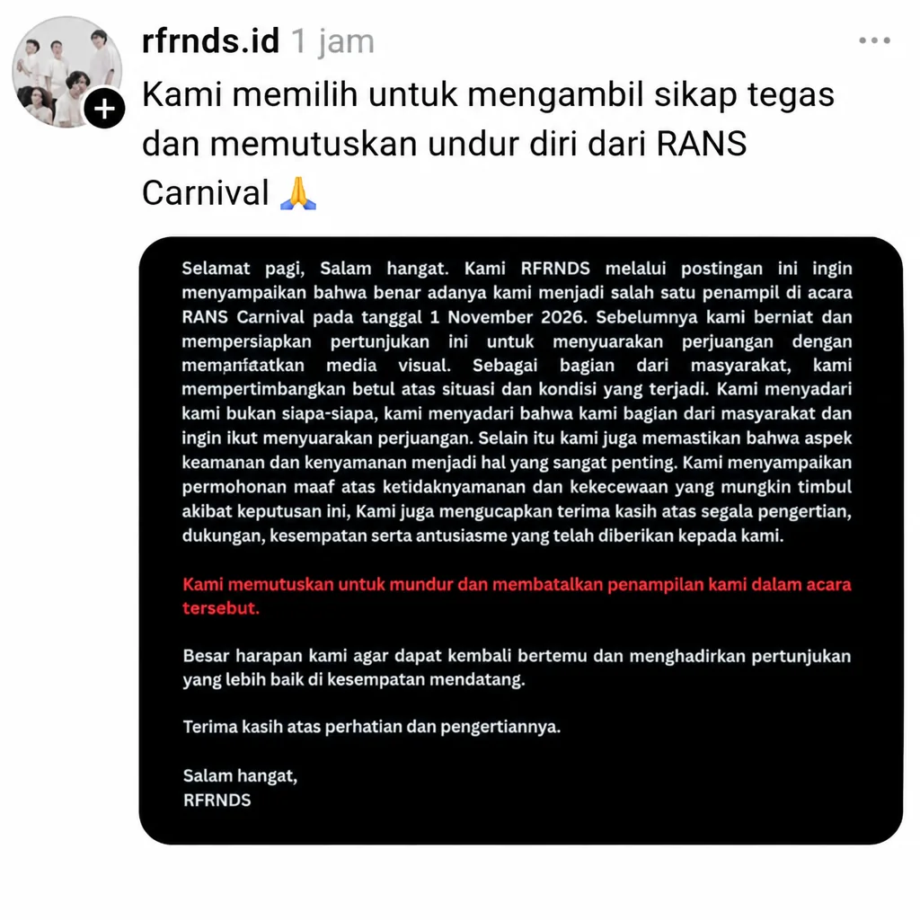 Kami memilih untuk mengambil sikap tegas dan memutuskan undur diri dari RANS Carnival Kami memilih untuk mengambil sikap tegas dan memutuskan undur diri dari RANS Carnival